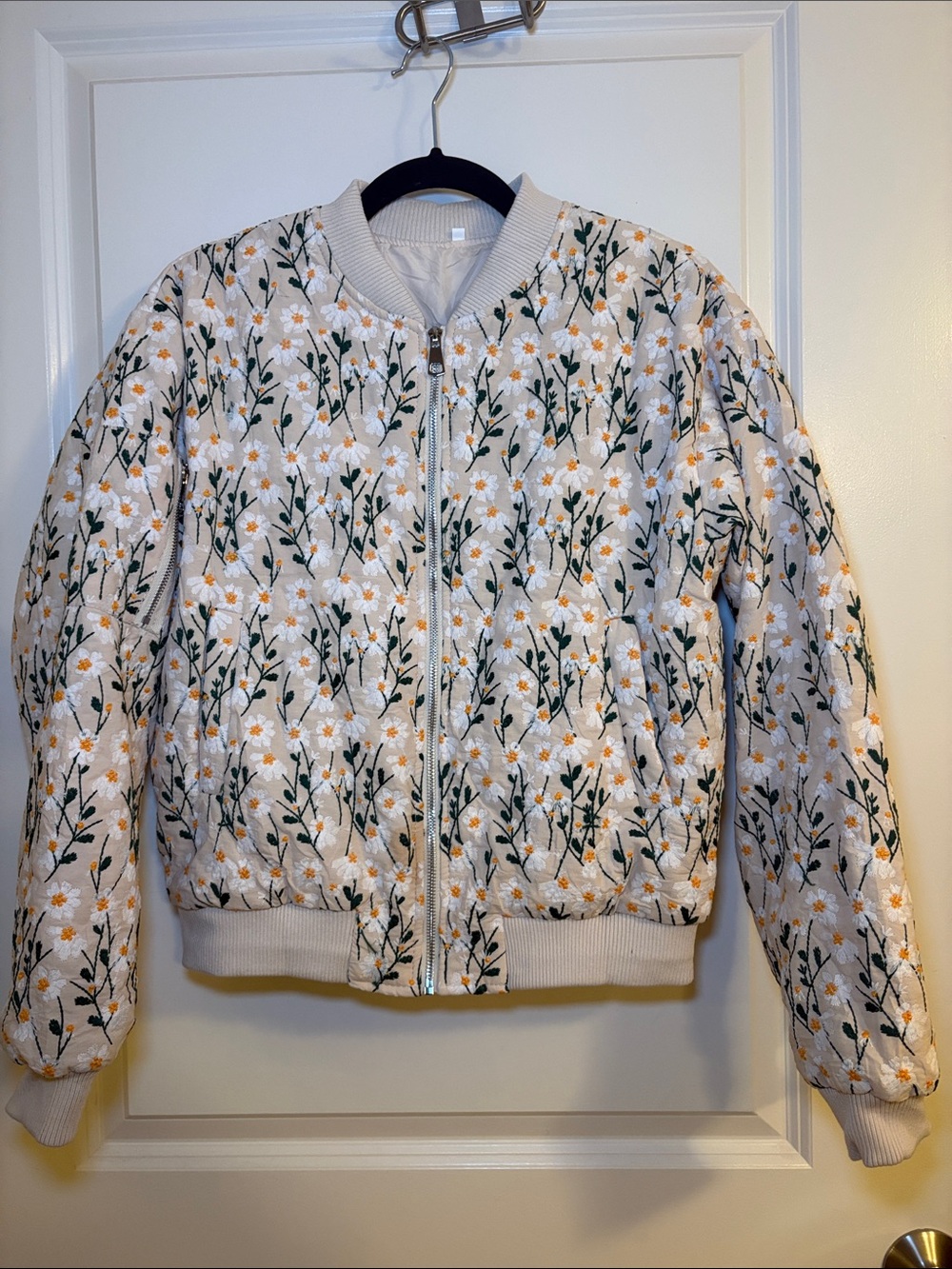 Amazon Cream Quilted Floral Bomber Jacket with Green and Yellow Accents